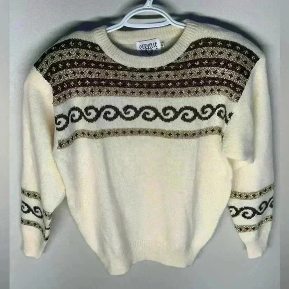 NEW | Vintage 80s/90s Cervelle Wool/Fur Metallic Sweater | Cream & Browns | M - Picture 1 of 8